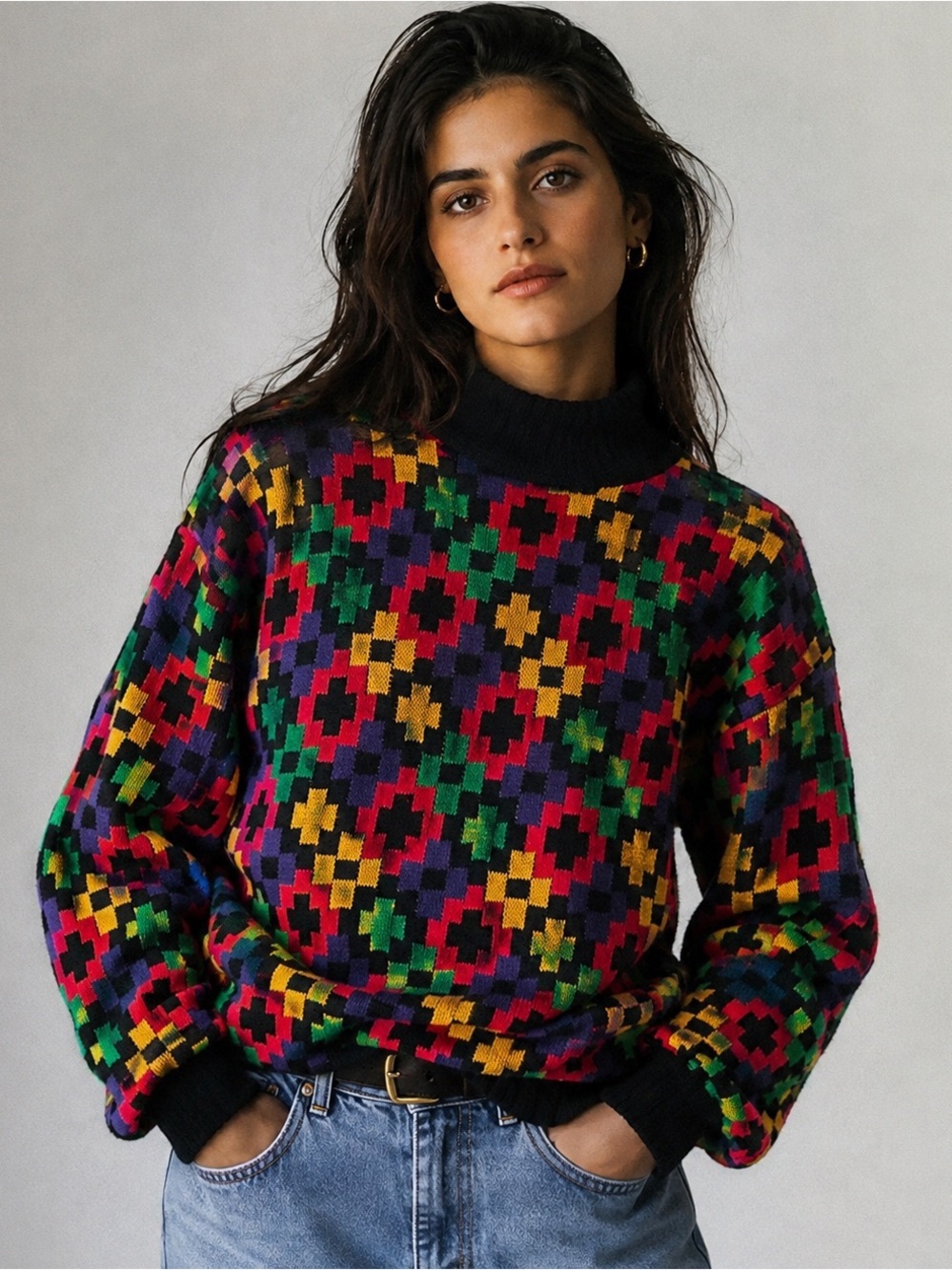 Vintage 80s 90s Womens Tunic Sweater Sz S Rafaella Colorful Pixelated Floral